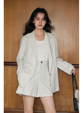 HeyDress条纹亚麻西装外套女春季法式通勤休闲西服上衣短裤套装
