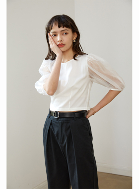 HeyDress进口醋酸上衣女夏季欧根纱上衣灯笼袖气质衬衫