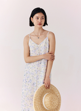 HeyDress【醋酸系列】法式碎花吊带连衣裙女夏季V领蓝色印花裙子