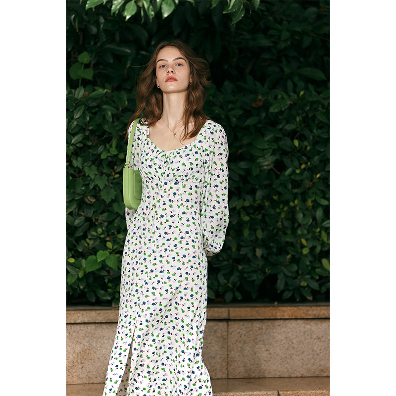 HeyDress法式方领碎花连衣裙