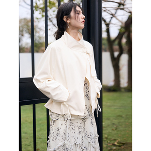 HeyDress立领短款风衣女春季设计感收腰抽绳下摆气质白色夹克外套