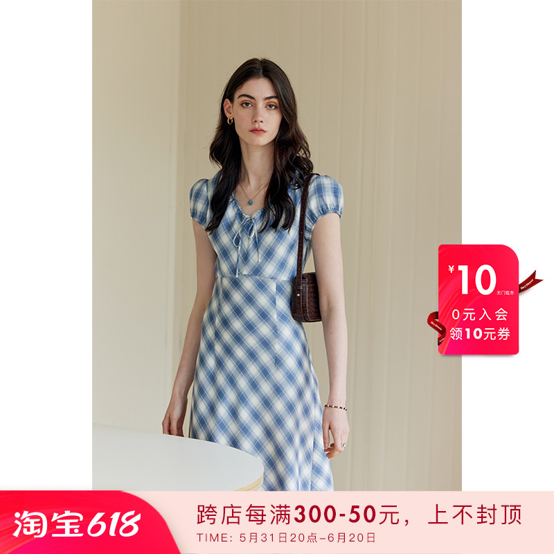 HeyDress蓝色格纹连衣裙女夏季法式V领收腰设计田园气质格子裙子