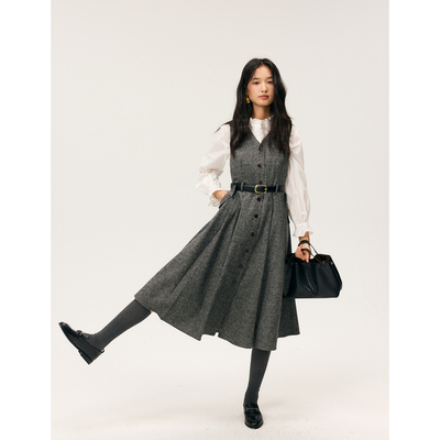 HeyDress羊毛背心连衣裙女秋冬收腰显瘦高级气质灰色磨毛马甲裙子