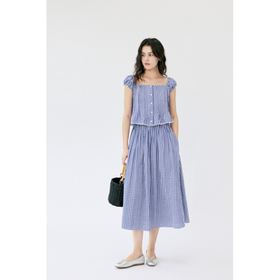 HeyDress蓝色格子套装 高腰百褶A字半身裙 女夏季 方领宽松气质衬衫