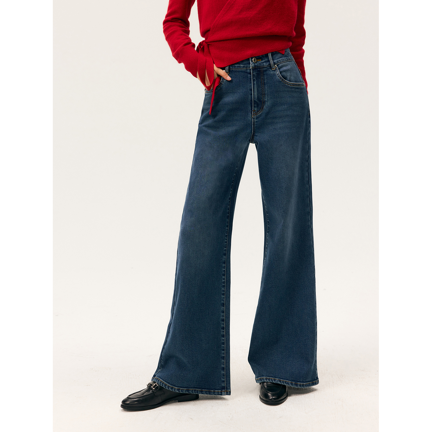 HeyDress复古加绒微喇牛仔裤女冬季高腰弹力修身喇叭裤加厚裤子