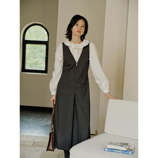 V領灰色簡約高級設計感氣質馬甲裙子 HeyDress背帶連衣裙女秋季