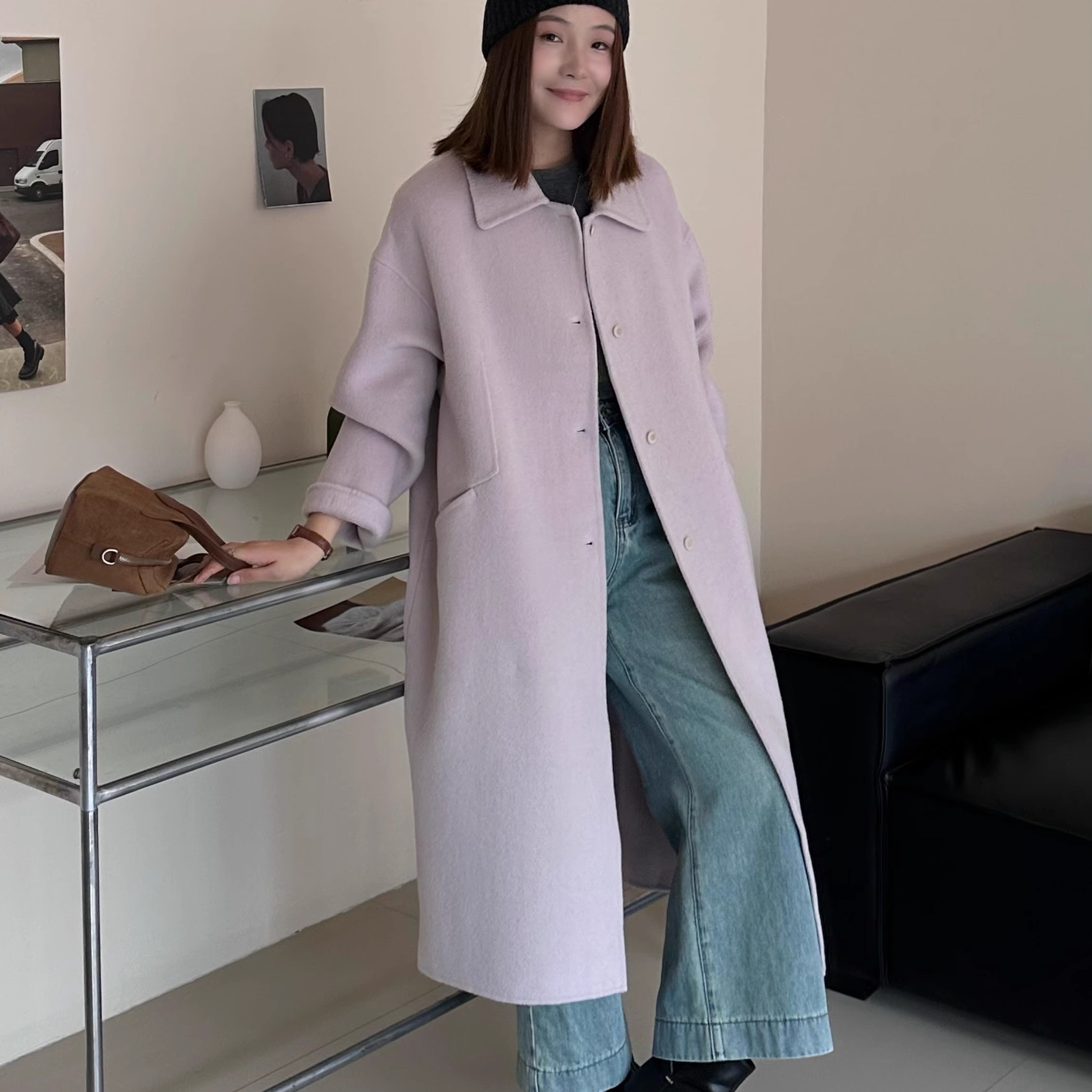 高端韩系双面羊绒大衣女中长款秋冬新款方领单排扣宽松羊毛呢外套