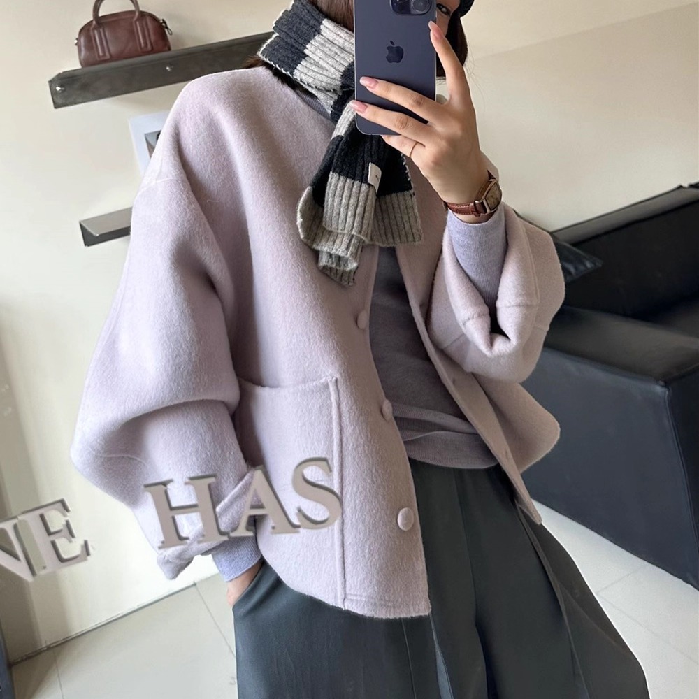韩系双面羊绒大衣女短款秋冬新款圆领宽松小个子单排扣羊毛呢外套