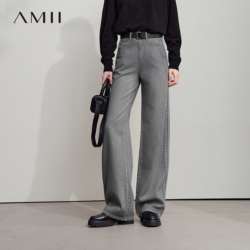 Amii2026秋新款复古洗水宽松阔腿裤雅灰牛仔裤长裤女格雷系裤子