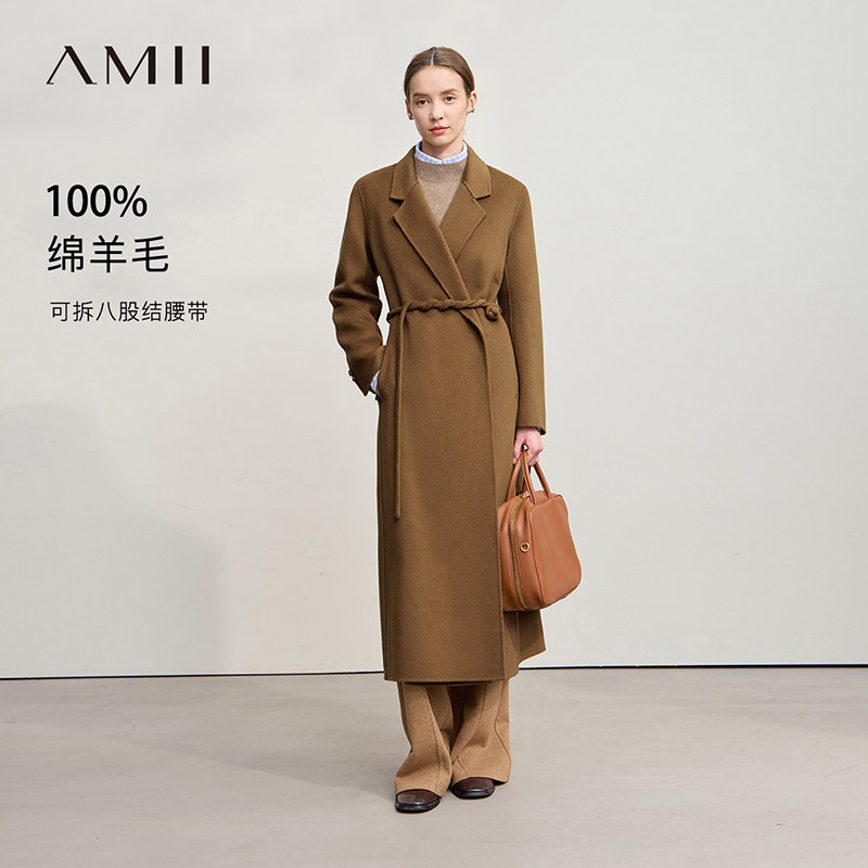 Amii翻驳领配腰带全羊毛双面呢大衣女冬季过膝长款后开衩毛呢外套