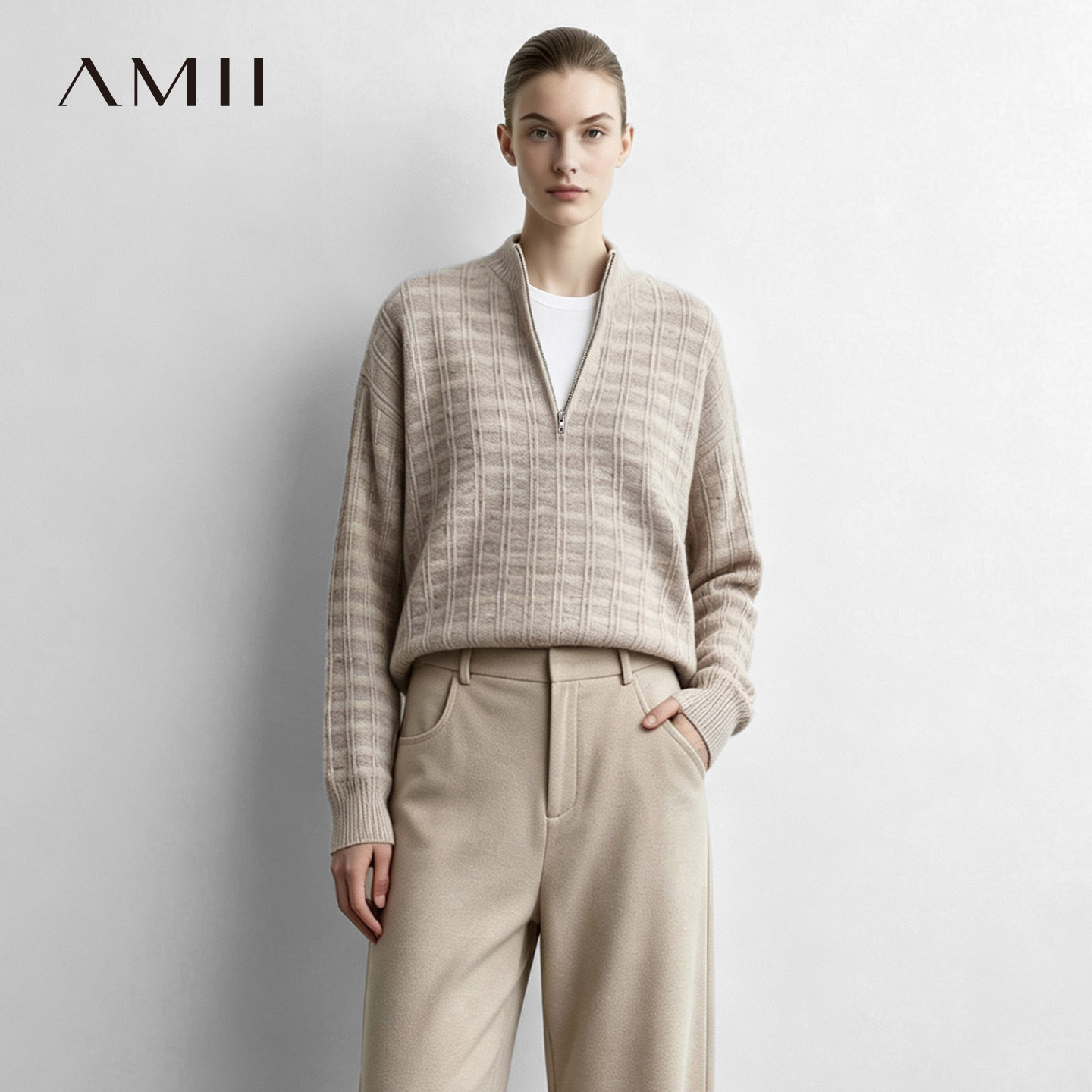 Amii2026冬新款小高领拉链半开襟麻点纱毛衣女宽松落肩袖休闲上衣