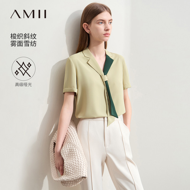 Amii2026夏新款极简通勤风V领翻领撞色领带不可拆短袖雪纺衫女