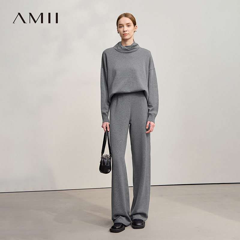 Amii2025冬新款纯色高领落肩袖宽松毛衣阔腿毛织长裤两件套套装