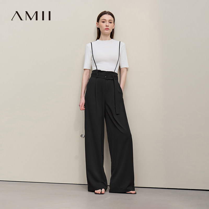 Amii2026夏新款可调节肩带背带裤系腰带休闲长裤女阔腿裤纸袋裤