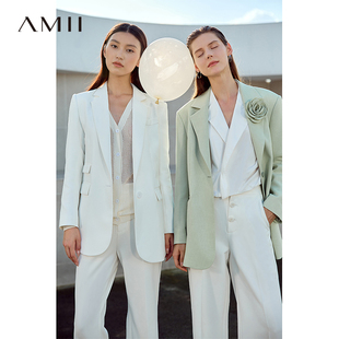 女2025春新款 Amii极简西装 宽松外套可拆卸山茶花胸针一粒扣小西服