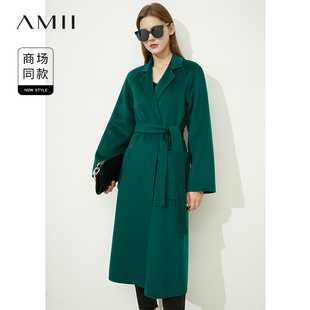 Amii2025年冬新款轻奢水波纹双面呢大衣配腰带长款毛呢外套