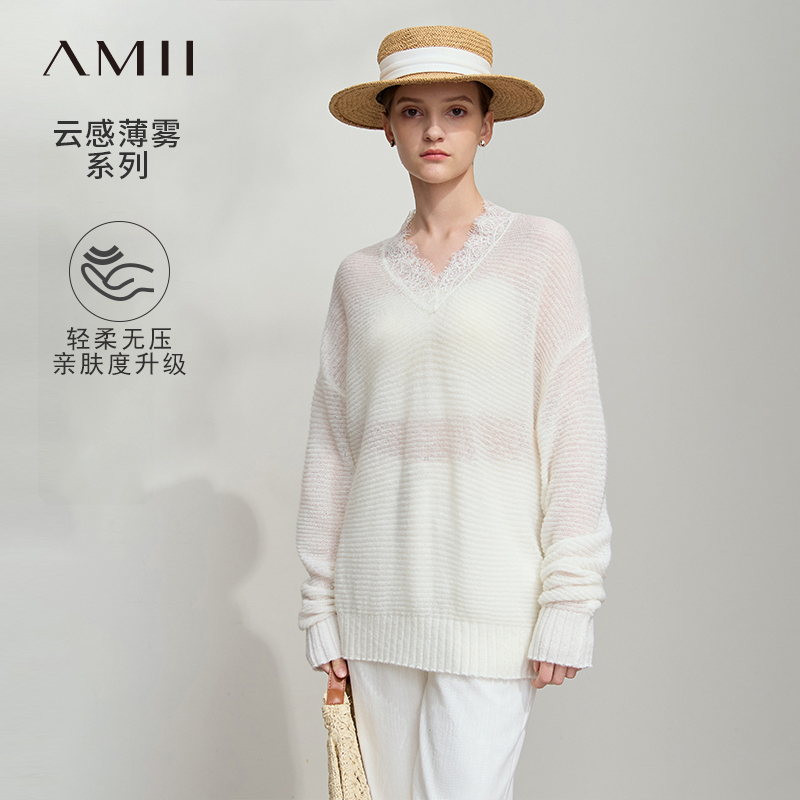 Amii2025春极简新款纯色V领马海毛中长宽松薄款套头弹力针织衫女