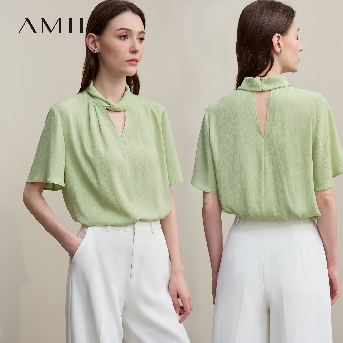 Amii2026夏新款优雅通勤风扭结领镂空提花雪纺衫女喇叭袖短袖上衣