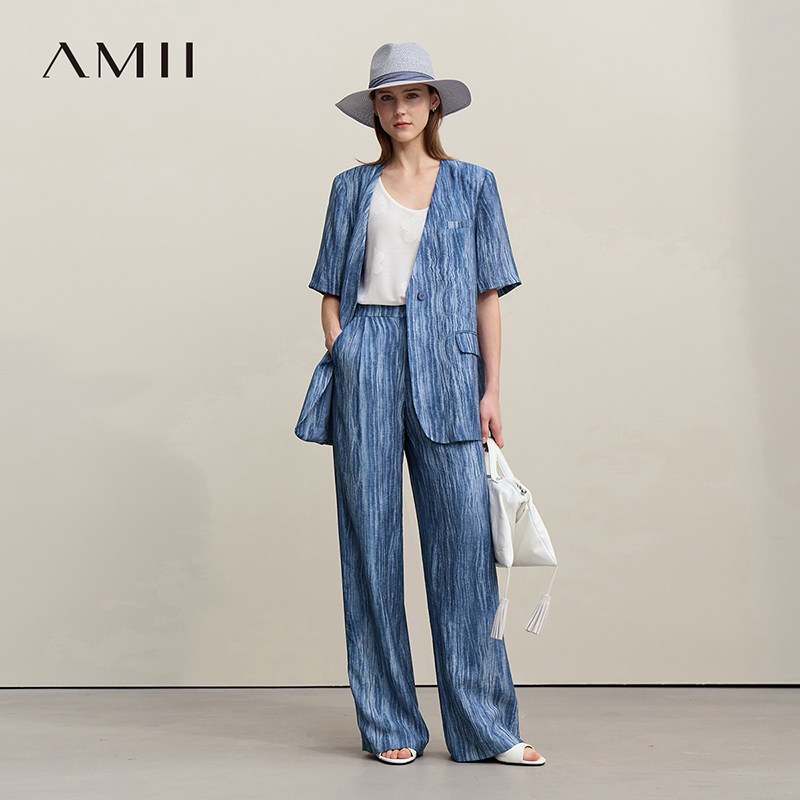 Amii2026夏新款国风扎染V领一粒扣西装阔腿休闲长裤套装女两件套