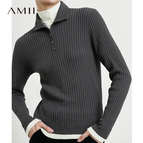 Amii2026秋新款通勤风撞色假两件高领半开襟毛衣女显瘦坑条上衣