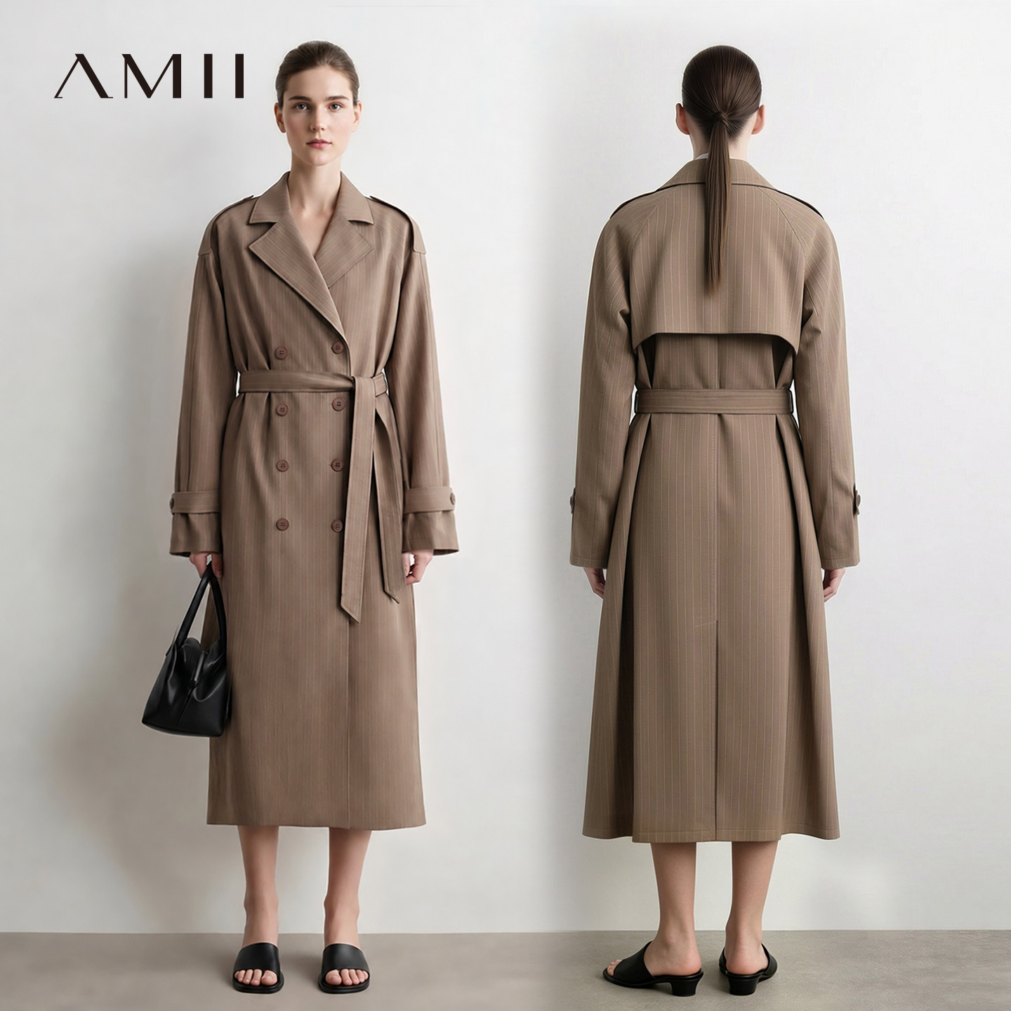 Amii2026秋新款摩登插肩袖腰带色织条纹双排扣风衣女宽松长款上衣