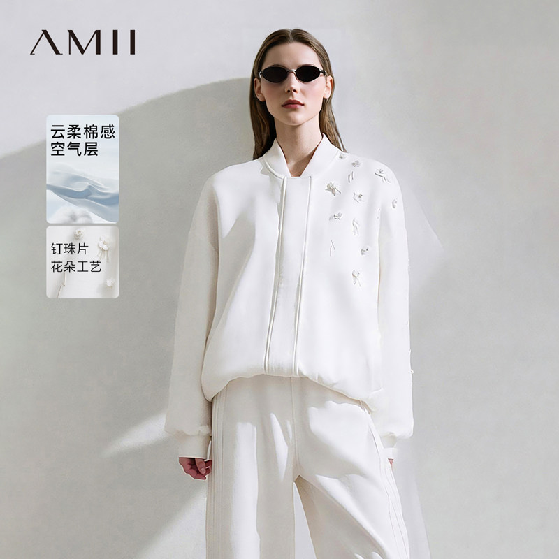 Amii2026春新款帅气棒球领钉珠花落肩袖空气层外套女宽松拉链上衣