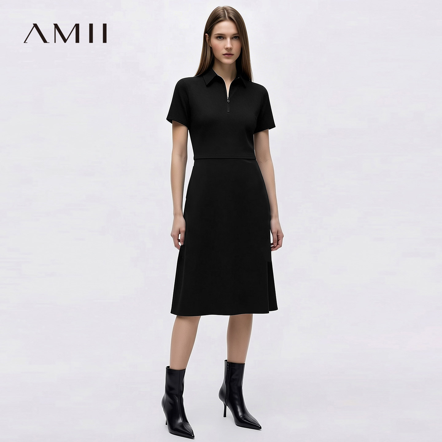 Amii2026夏新款通勤风翻领拉链短袖连衣裙女光泽感收腰小黑裙子
