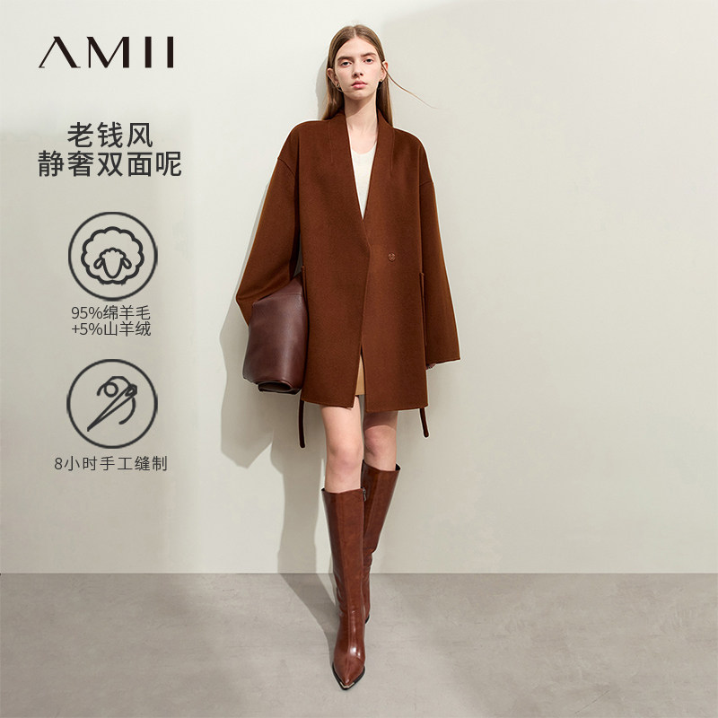 Amii2026冬新款V领落肩袖配腰带羊毛羊绒双面呢女宽松一手长外套