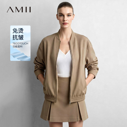 Amii2026秋新款休闲风棒球领拉链外套女异形珠饰宽松落肩袖上衣