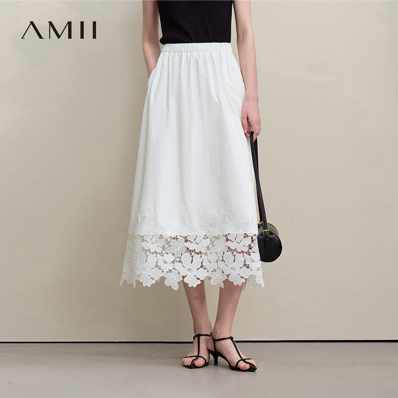 Amii2026夏新款优雅浪漫橡筋腰头镂空蕾丝拼接半身裙女宽松裙子