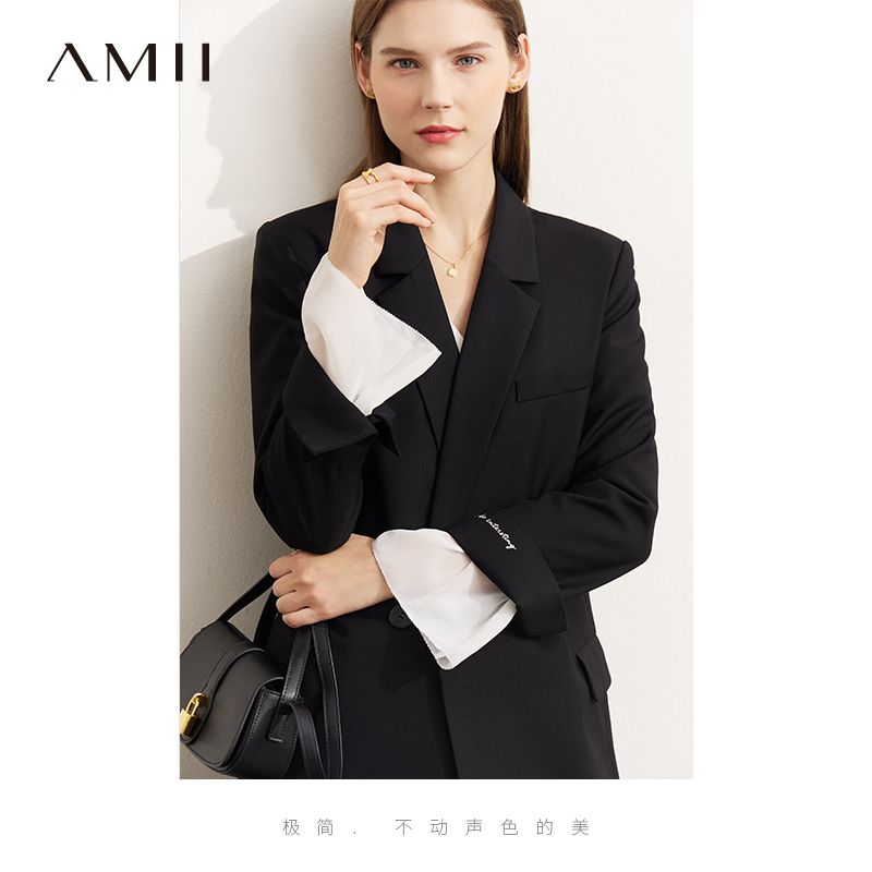 Amii2025夏季新款黑色西装外套女职业装袖口绣花开衩宽松垂感西服