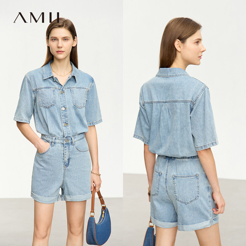 Amii2026夏新款做旧洗水棉质翻领落肩短袖直筒牛仔短连体裤女
