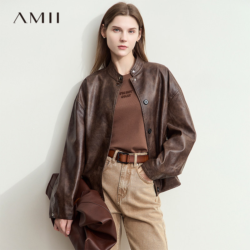 Amii【欧美复古】2026秋秋欧美复古帅气夹克廓形PU皮衣外套女