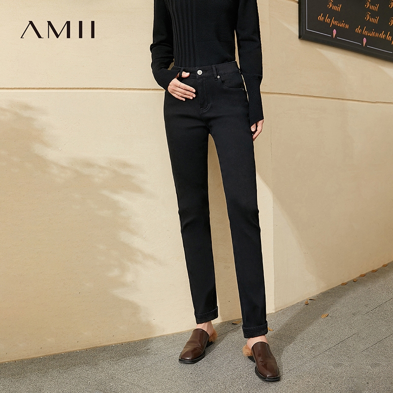 Amii丹宁风温暖修身显瘦加绒牛仔长裤女2025冬新款弹力高腰铅笔裤