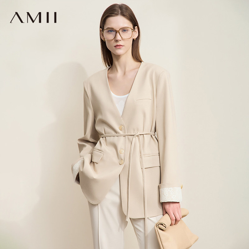 AMII【极简风】25秋款中西结合知性通勤V领中长款西装外套女