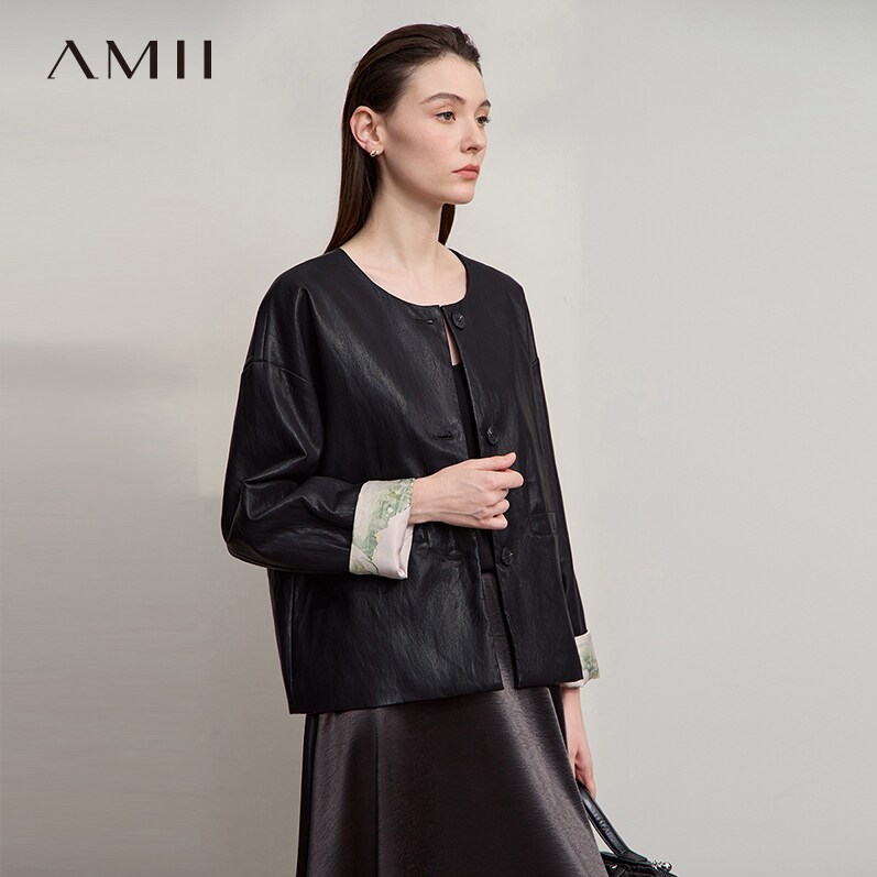 Amii【国风拼接PU皮衣】2026春优雅国风印花拼接PU皮衣外套女