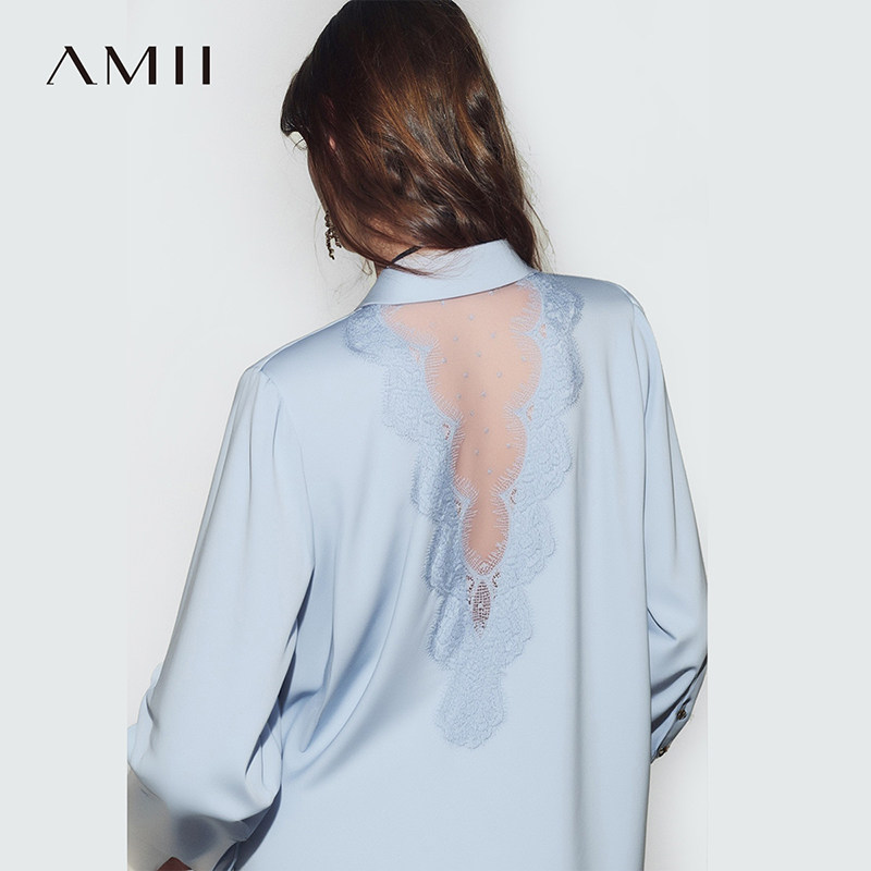 Amii2026春新款浪漫度假风透视感拼网纱蕾丝缎面雪纺衫女翻领上衣