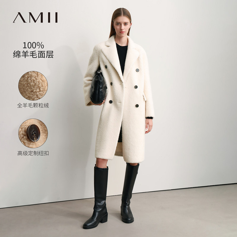Amii2026冬新款西装领双排扣全羊毛颗粒绒皮草大衣女温暖宽松上衣