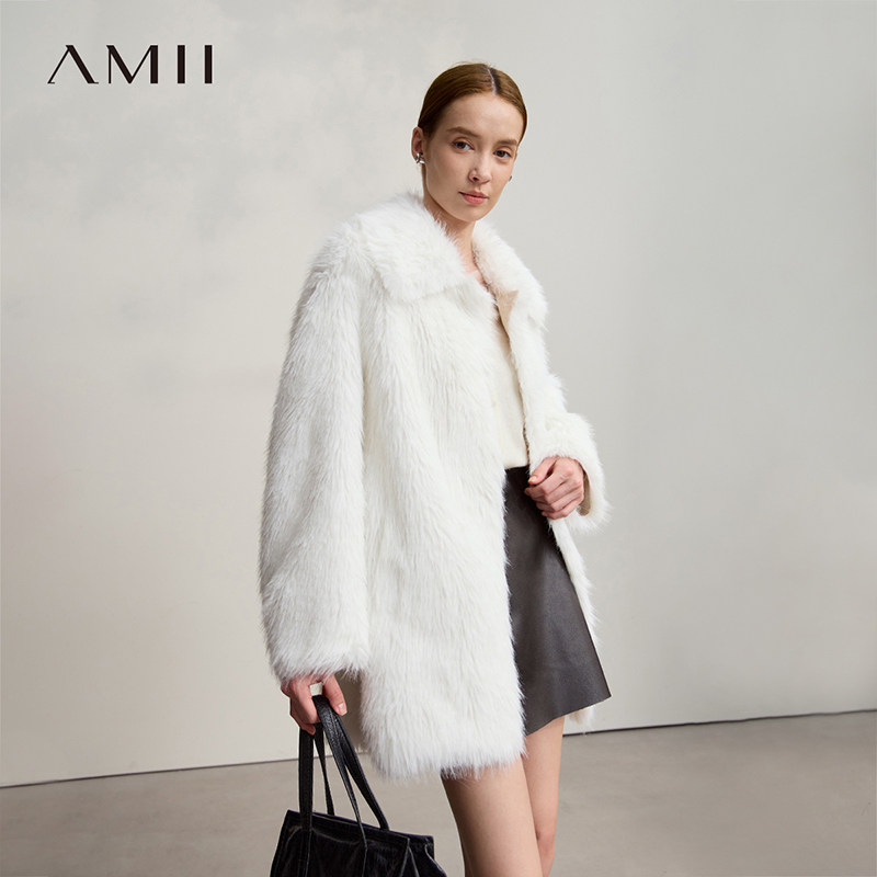 Amii2026秋新款极简纯色轻奢宽松中长翻领环保皮草外套女