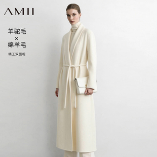 Amii2026冬新款可拆卸腰带浴袍款羊毛羊驼毛双面呢大衣女外套上衣