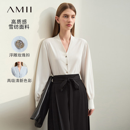 Amii2025夏新款法式通勤风V领灯笼袖雪纺衬衫女玫瑰纽扣衬衣上衣