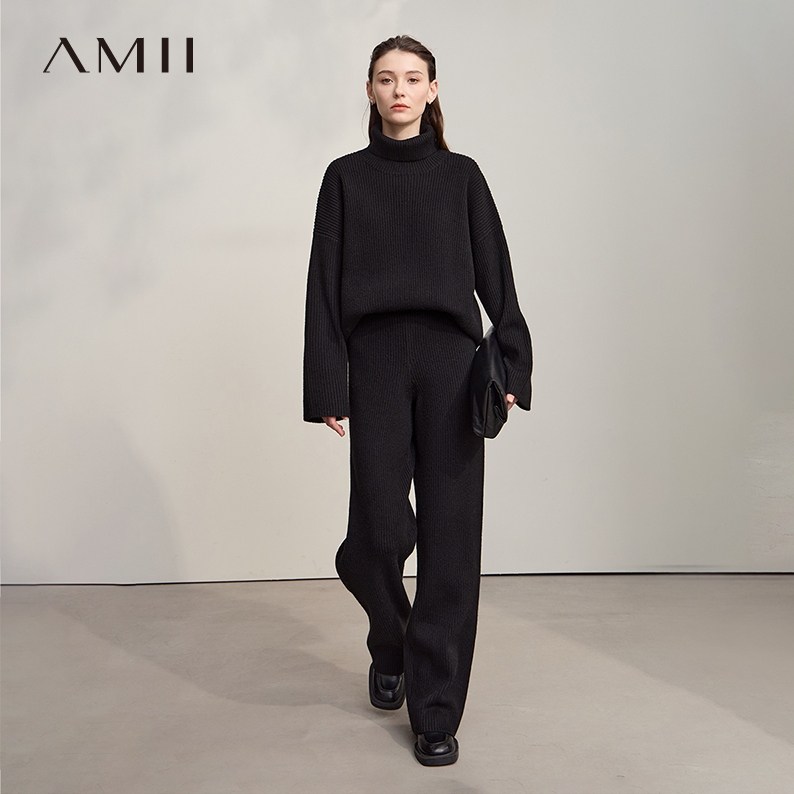 Amii2025冬新款高领毛衣阔腿裤休闲长裤毛织套装女坑条纹两件套