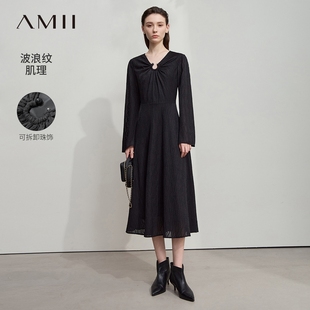 Amii优雅不规则领波浪纹肌理收腰连衣裙女2026春装 显瘦中长裙 新款