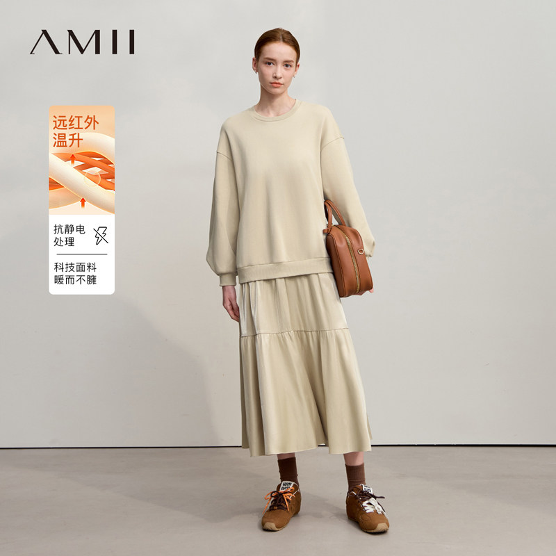 Amii2026冬新款休闲百搭假两件设计保暖加绒卫衣拼斜纹梭织连衣裙