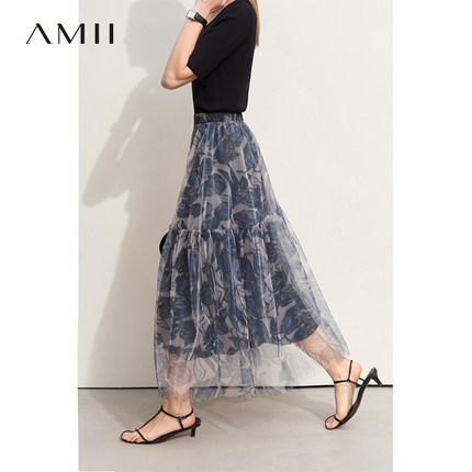 Amii2025夏新款法式摩登复古油画玫瑰印花网纱裙半身裙女A字裙