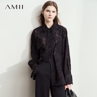 AMII中式国风优雅中长款提花长袖衬衫女春秋2025新款宽松直筒上衣