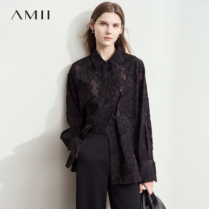 AMII中式国风优雅中长款提花长袖衬衫女春秋2025新款宽松直筒上衣