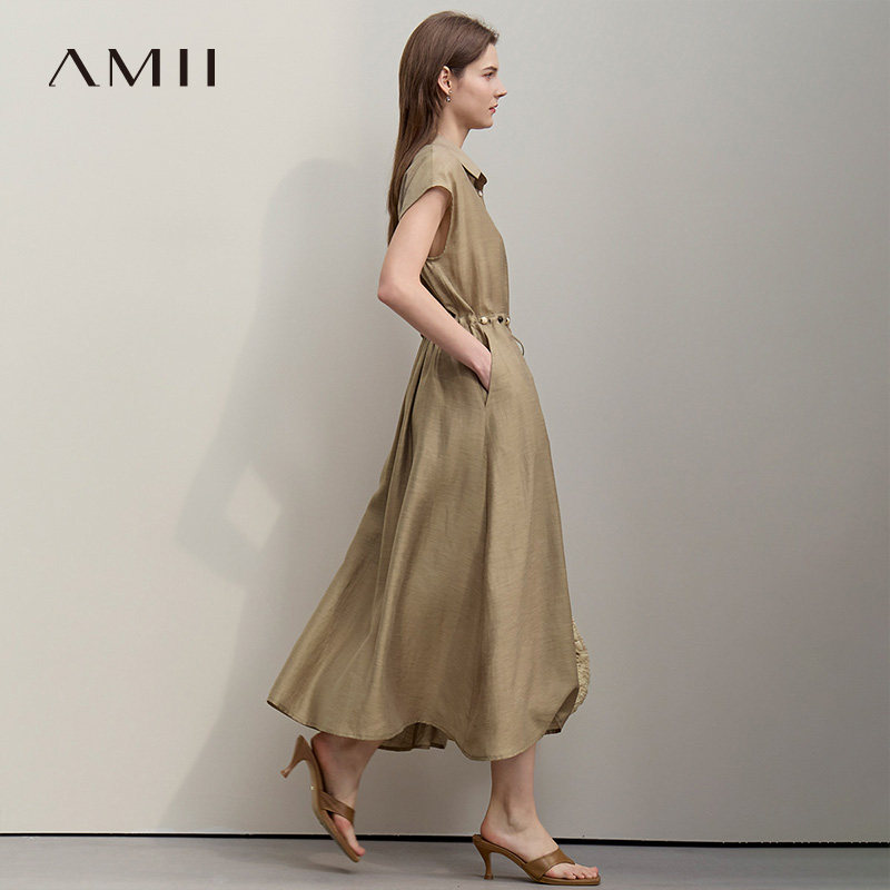 Amii【莱赛尔亚麻连衣裙】26夏气质通勤长款收腰绑带衬衫连衣裙