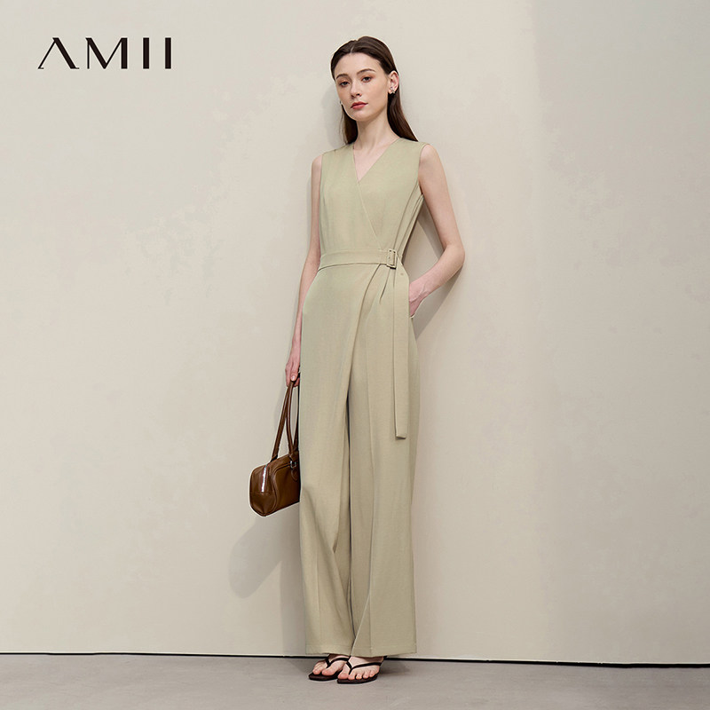 Amii2026夏新款含亚麻休闲V领日字扣腰带无袖连体裤女阔腿裤子