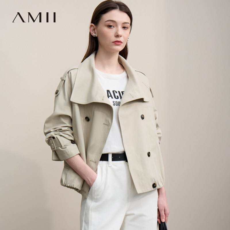 Amii【英伦风】秋季复古英伦风简约夹克短款风衣外套经典款风衣